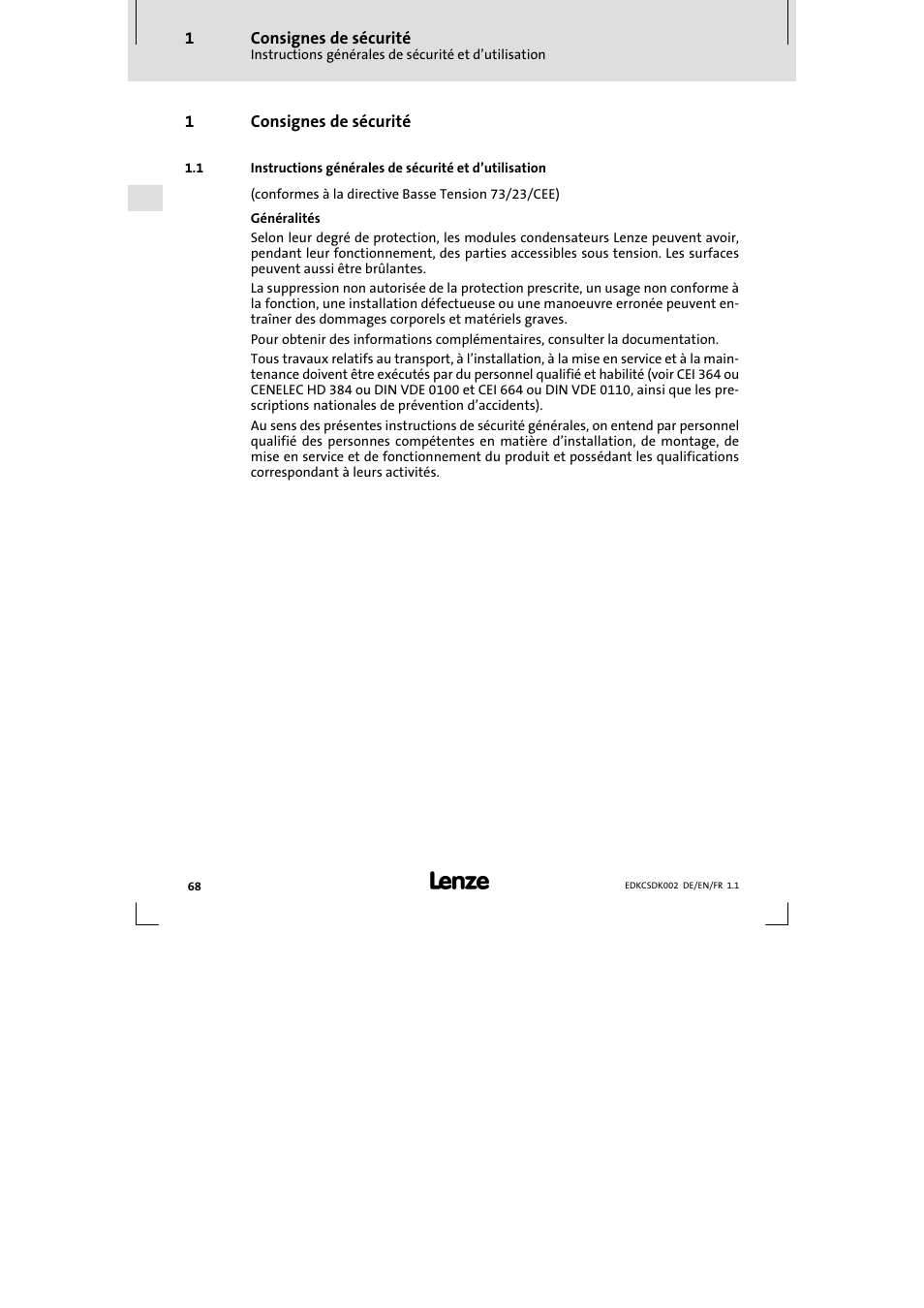 1 consignes de sécurité, Consignes de sécurité | Lenze ECSDKxxx User Manual | Page 68 / 94