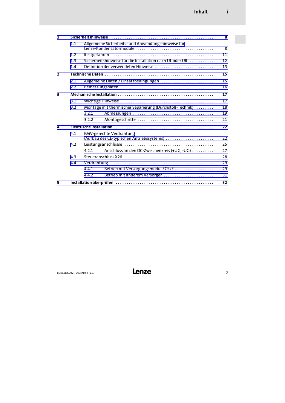 Inhalt | Lenze ECSDKxxx User Manual | Page 7 / 94
