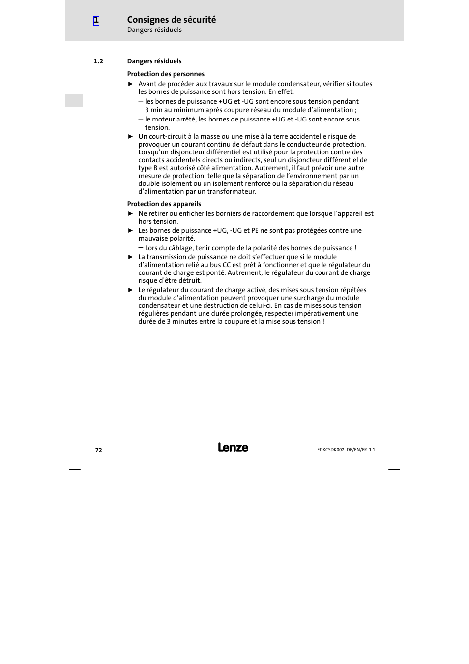 2 dangers résiduels, Dangers résiduels, Consignes de sécurité | Lenze ECSDKxxx User Manual | Page 72 / 94