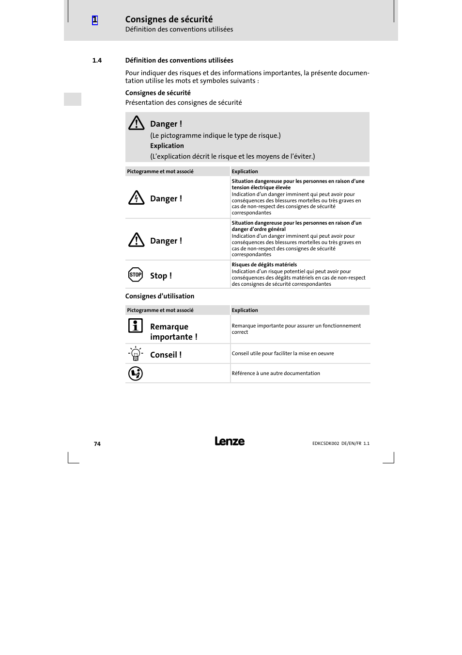 4 définition des conventions utilisées, Définition des conventions utilisées | Lenze ECSDKxxx User Manual | Page 74 / 94