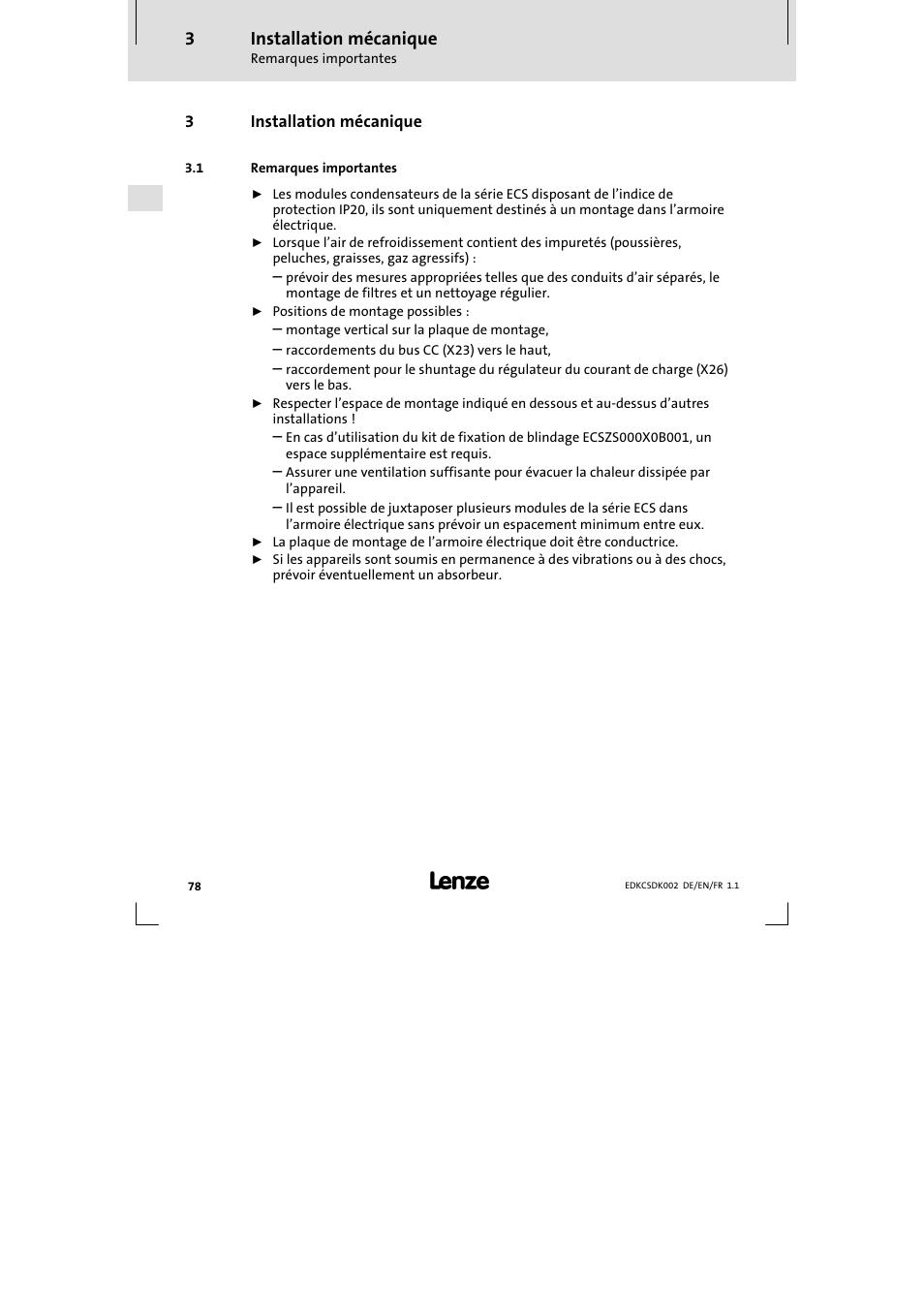 3 installation mécanique, 1 remarques importantes, Installation mécanique | Remarques importantes | Lenze ECSDKxxx User Manual | Page 78 / 94