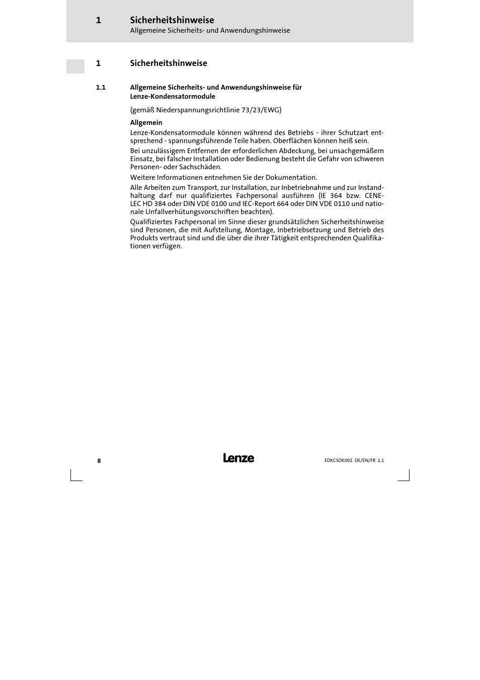 1 sicherheitshinweise, Sicherheitshinweise | Lenze ECSDKxxx User Manual | Page 8 / 94