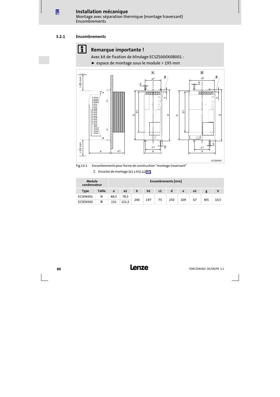 1 encombrements, Encombrements, Installation mécanique | Remarque importante | Lenze ECSDKxxx User Manual | Page 80 / 94