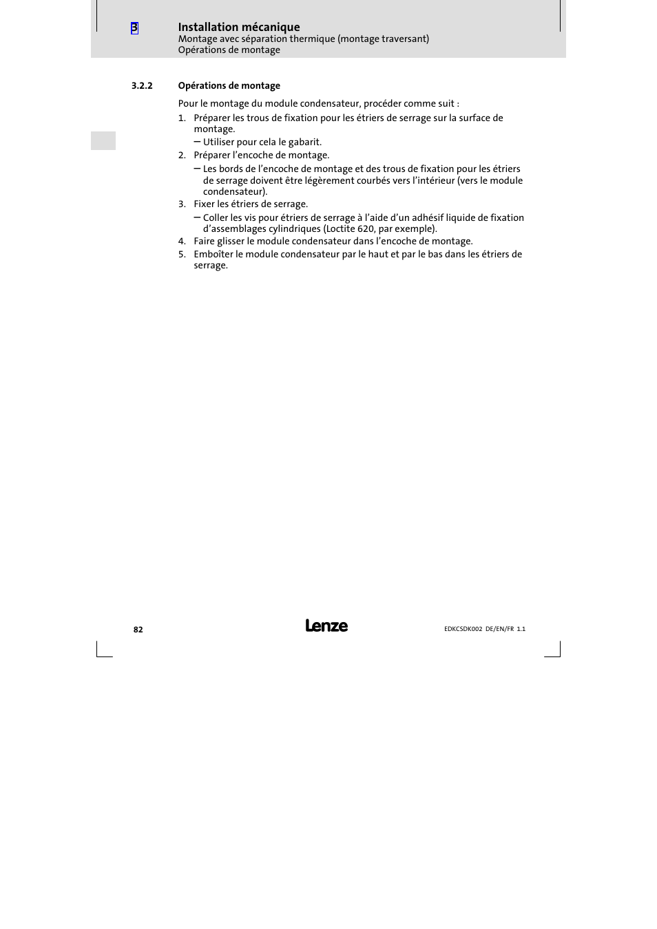 2 opérations de montage, Opérations de montage | Lenze ECSDKxxx User Manual | Page 82 / 94