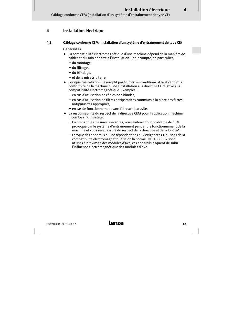 4 installation électrique, Installation électrique | Lenze ECSDKxxx User Manual | Page 83 / 94