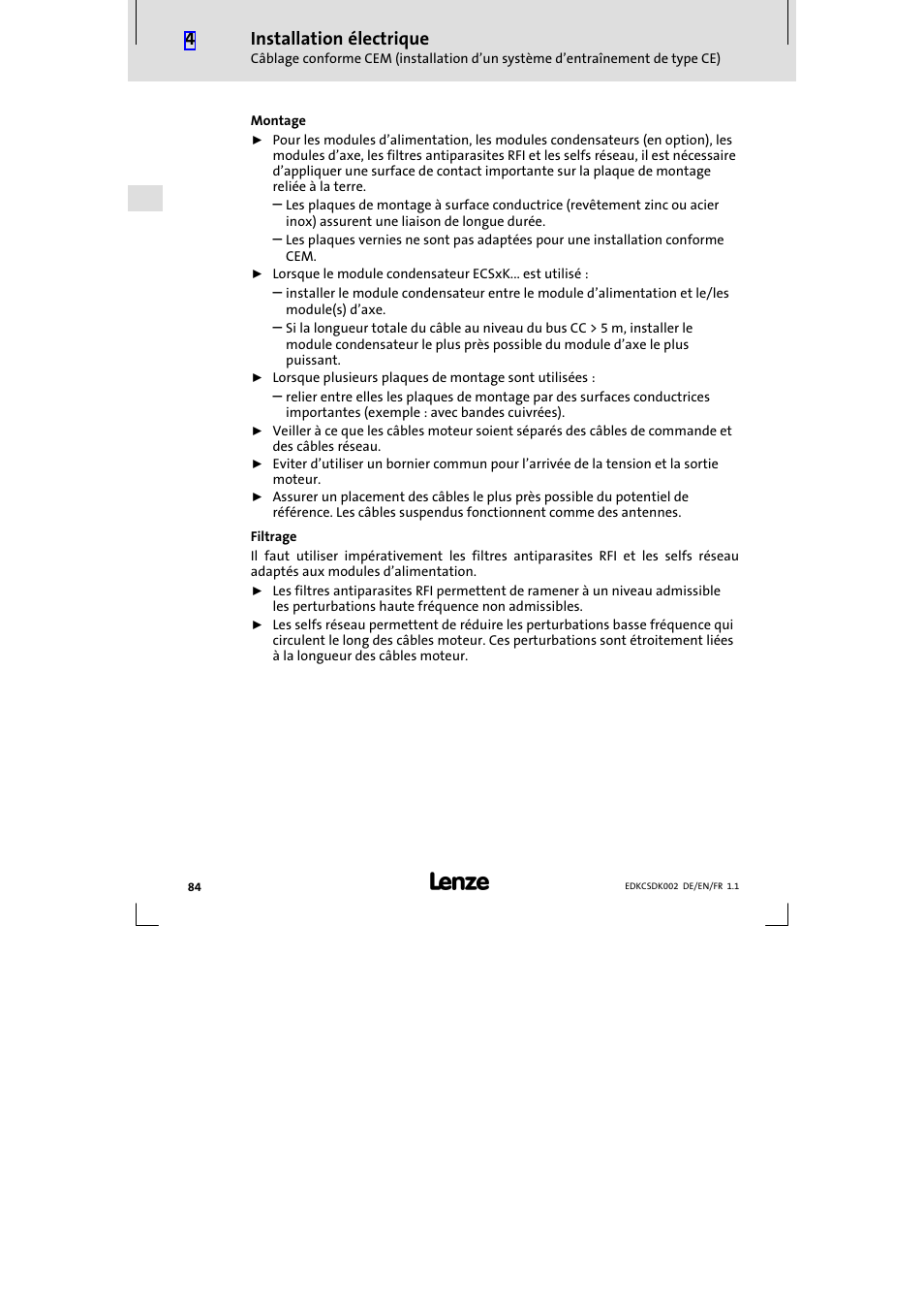 Installation électrique | Lenze ECSDKxxx User Manual | Page 84 / 94