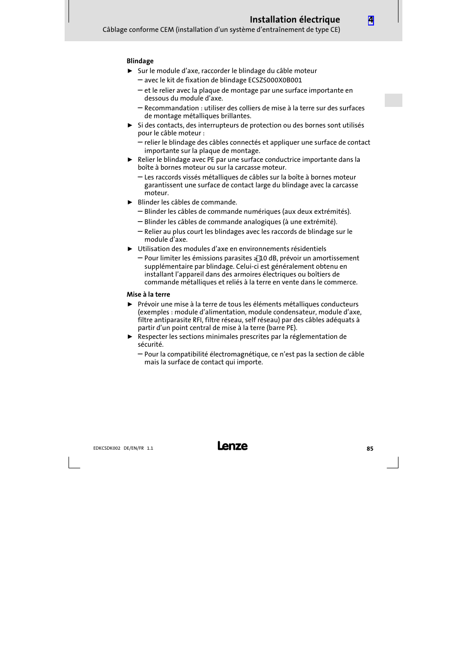 Installation électrique | Lenze ECSDKxxx User Manual | Page 85 / 94