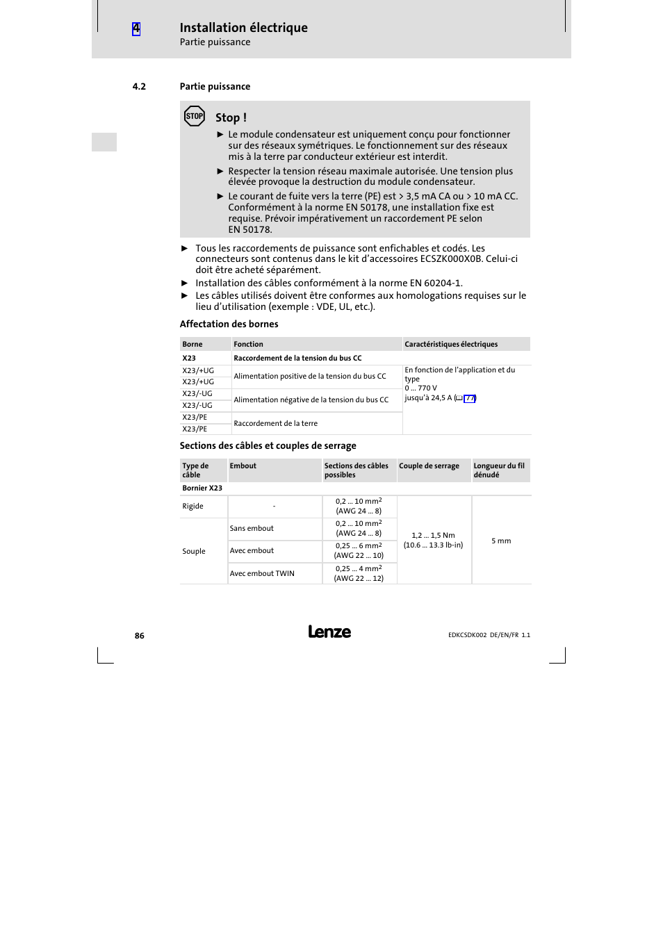 2 partie puissance, Partie puissance, Installation électrique | Stop | Lenze ECSDKxxx User Manual | Page 86 / 94