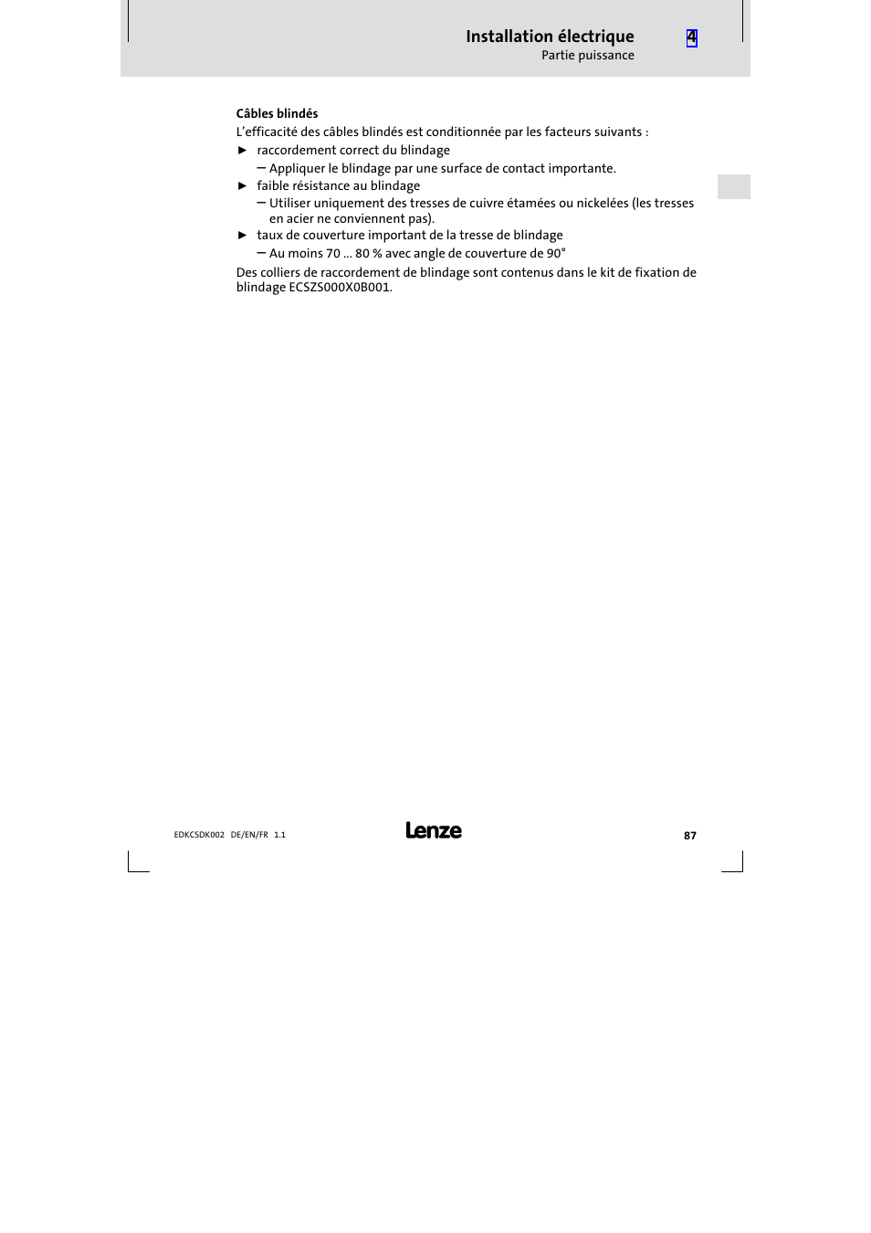 Installation électrique | Lenze ECSDKxxx User Manual | Page 87 / 94