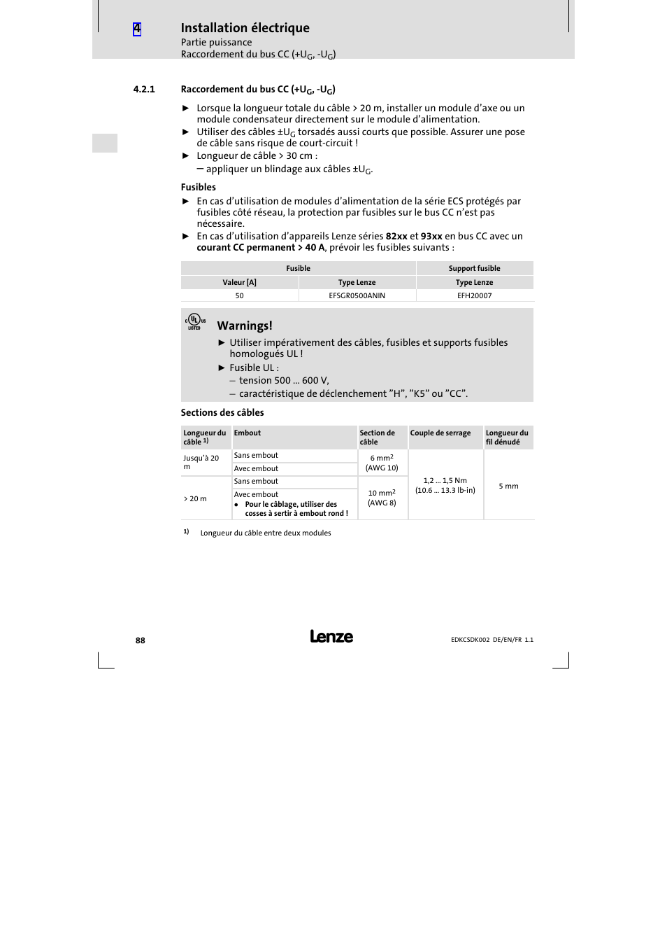1 raccordement du bus cc (+ug, -ug), Raccordement du bus cc (+ug, −ug), Installation électrique | Warnings | Lenze ECSDKxxx User Manual | Page 88 / 94