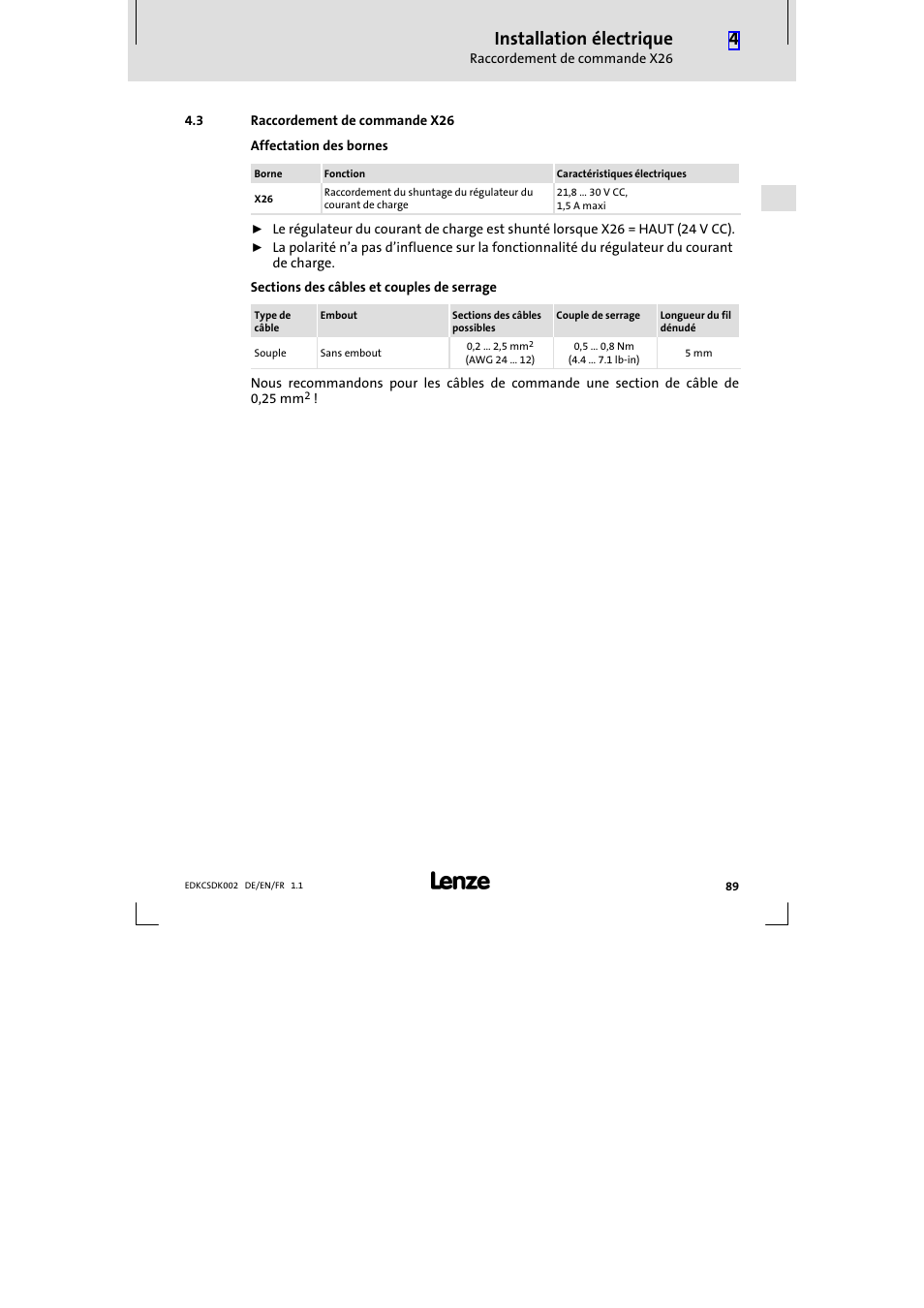 3 raccordement de commande x26, Raccordement de commande x26, Installation électrique | Lenze ECSDKxxx User Manual | Page 89 / 94