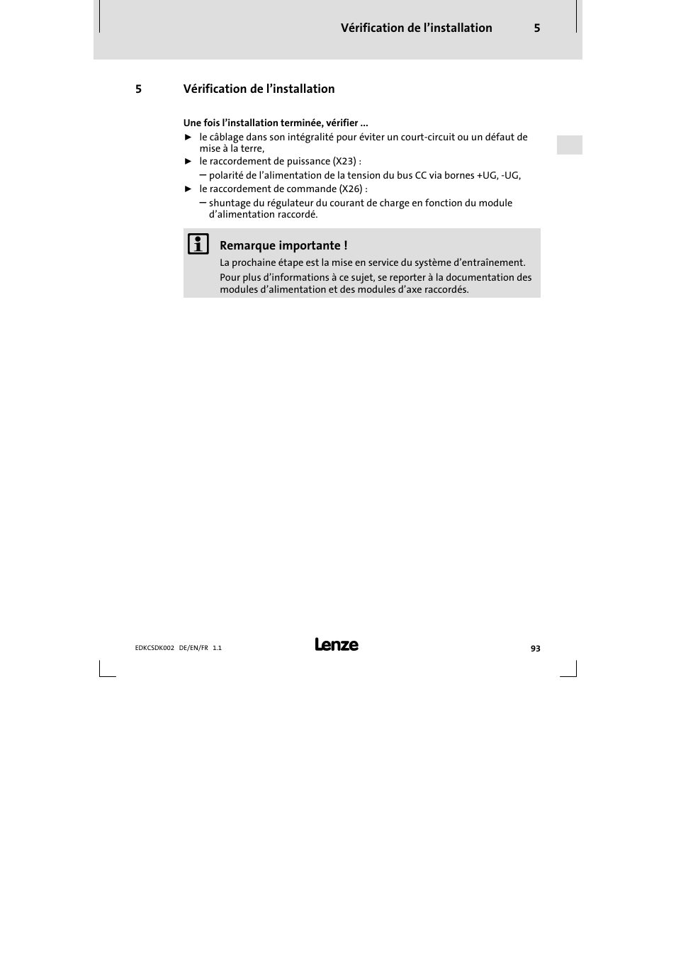 5 vérification de l'installation, Vérification de l’installation | Lenze ECSDKxxx User Manual | Page 93 / 94