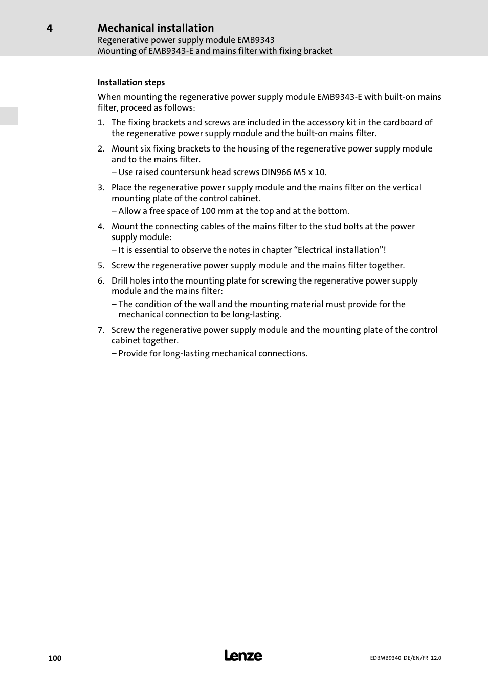Mechanical installation | Lenze EMB934x User Manual | Page 100 / 206