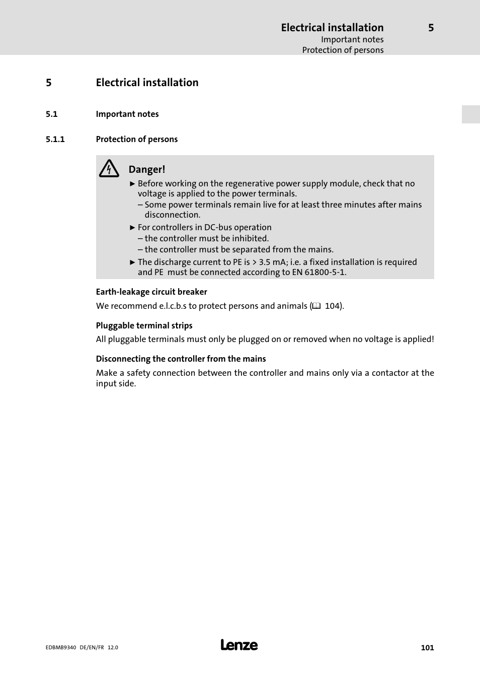 Electrical installation, Important notes, Protection of persons | 5electrical installation | Lenze EMB934x User Manual | Page 101 / 206