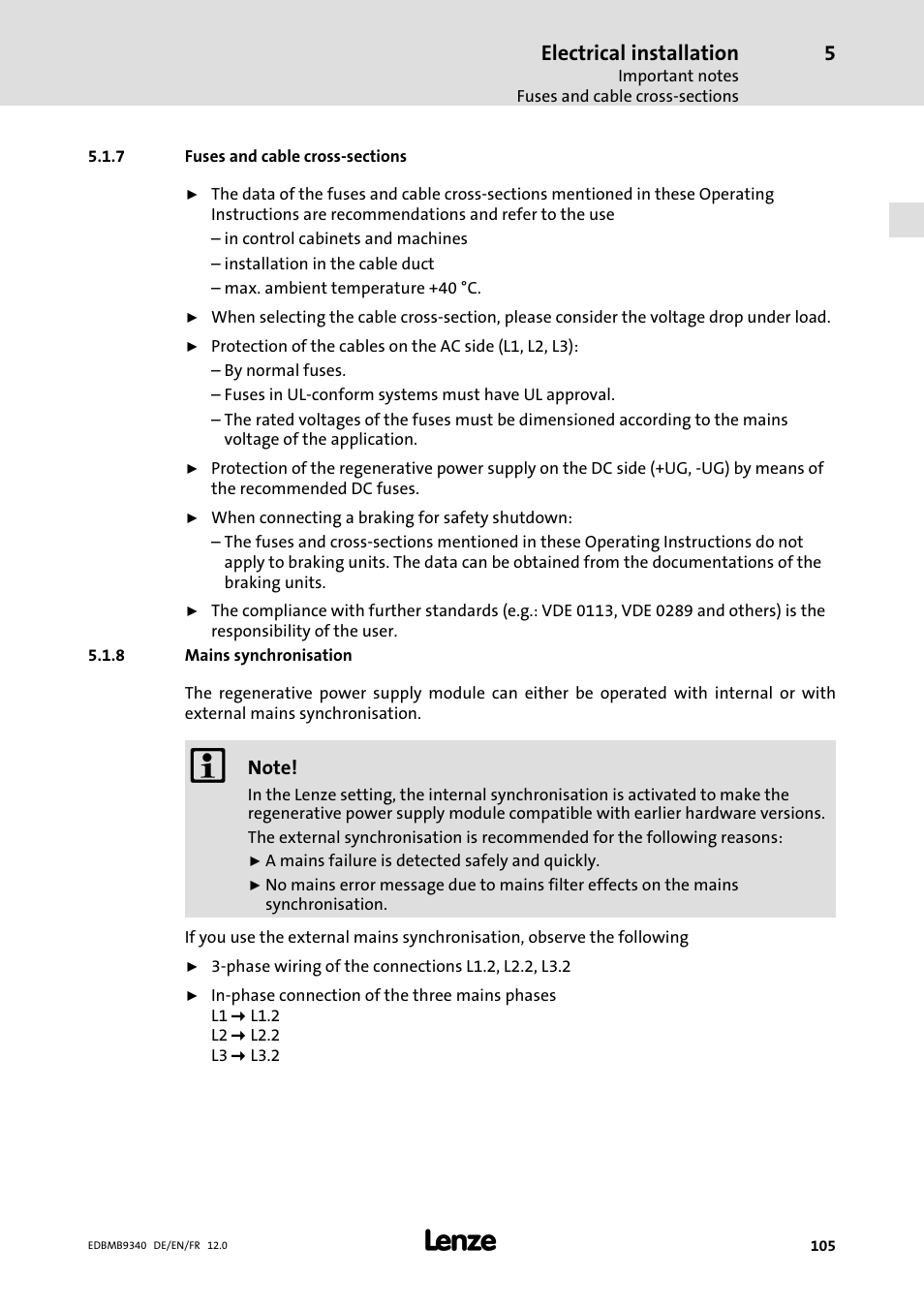 Fuses and cable cross-sections, Mains synchronisation, Fuses and cable cross−sections | Electrical installation | Lenze EMB934x User Manual | Page 105 / 206