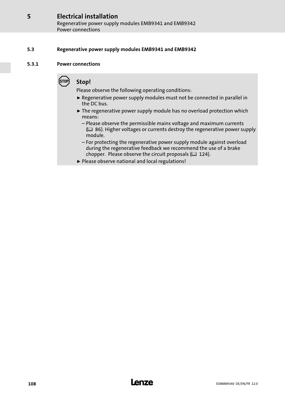 Power connections, Electrical installation | Lenze EMB934x User Manual | Page 108 / 206
