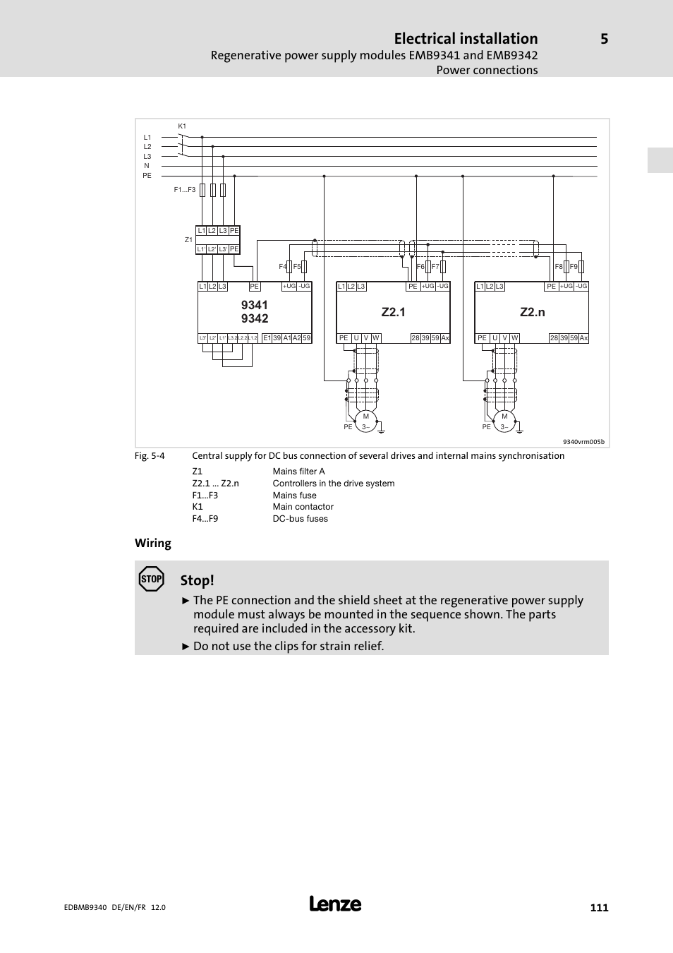 Electrical installation, Stop, Wiring | Do not use the clips for strain relief | Lenze EMB934x User Manual | Page 111 / 206