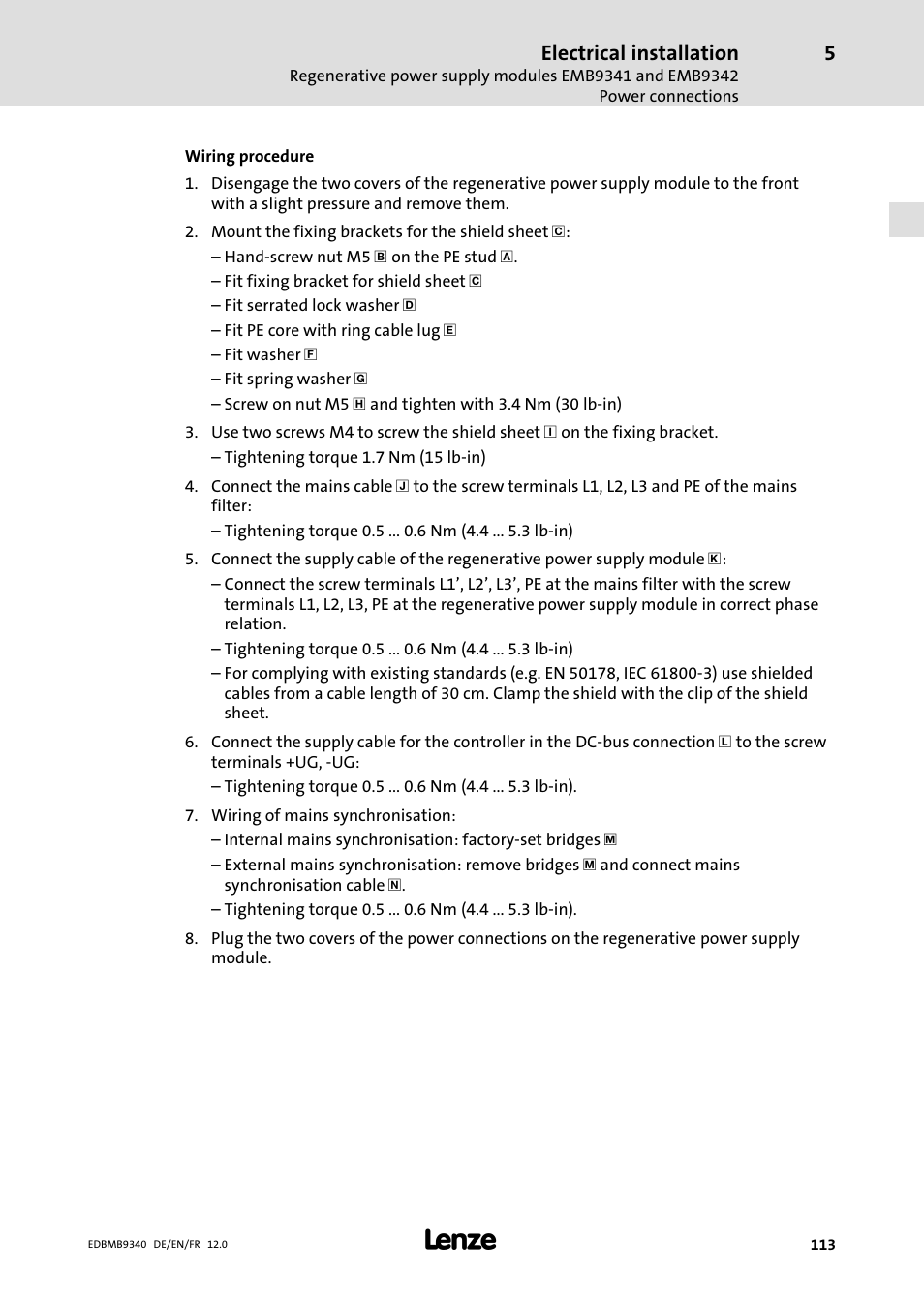 Electrical installation | Lenze EMB934x User Manual | Page 113 / 206