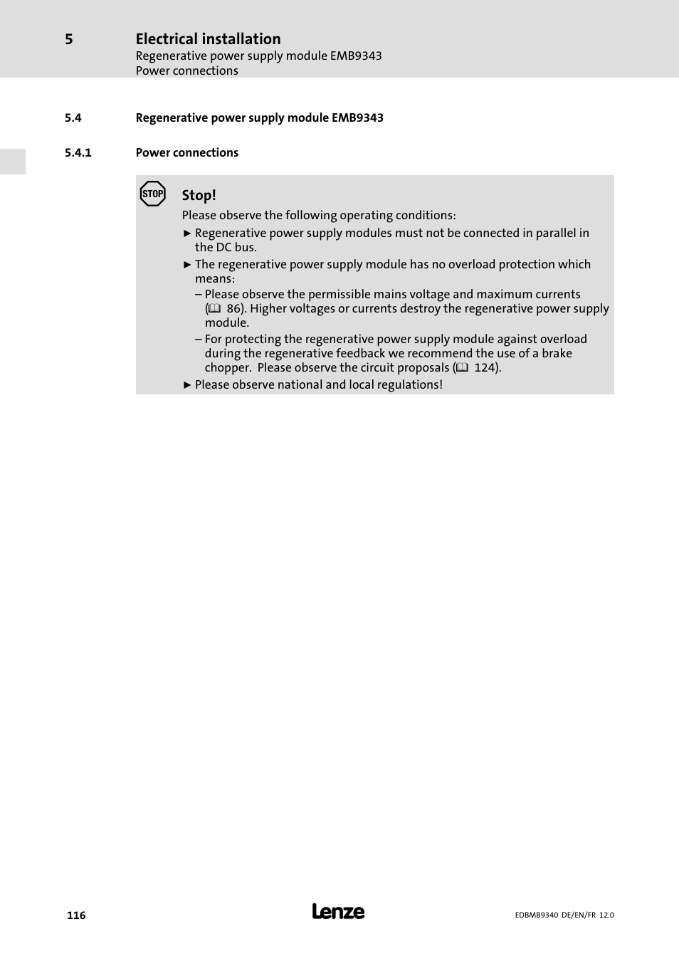 Regenerative power supply module emb9343, Power connections, Electrical installation | Lenze EMB934x User Manual | Page 116 / 206