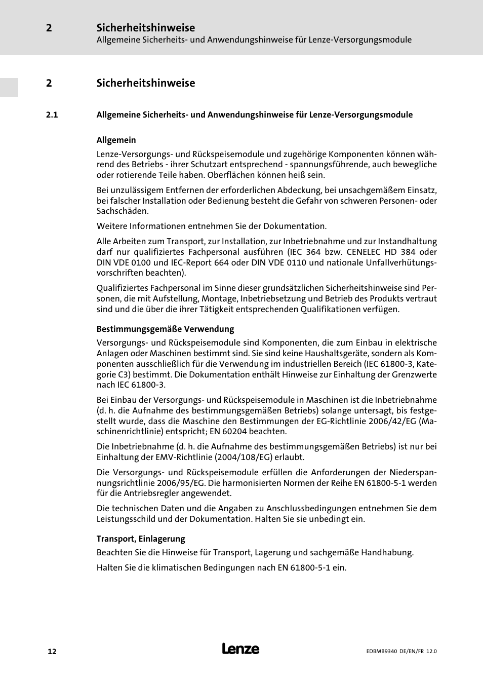 Sicherheitshinweise, 2sicherheitshinweise | Lenze EMB934x User Manual | Page 12 / 206