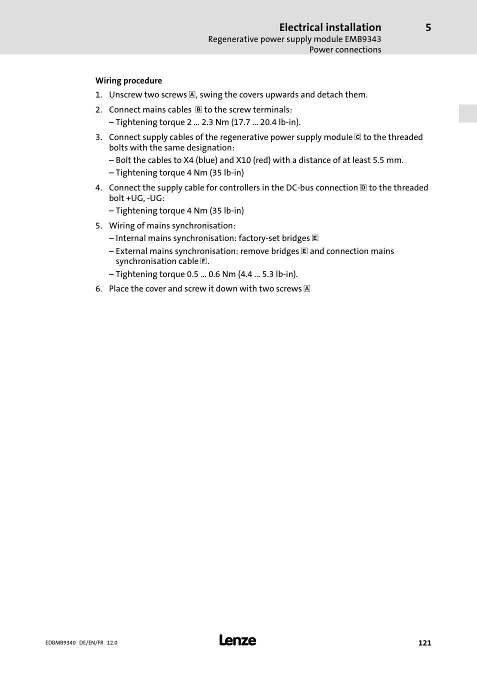 Electrical installation | Lenze EMB934x User Manual | Page 121 / 206