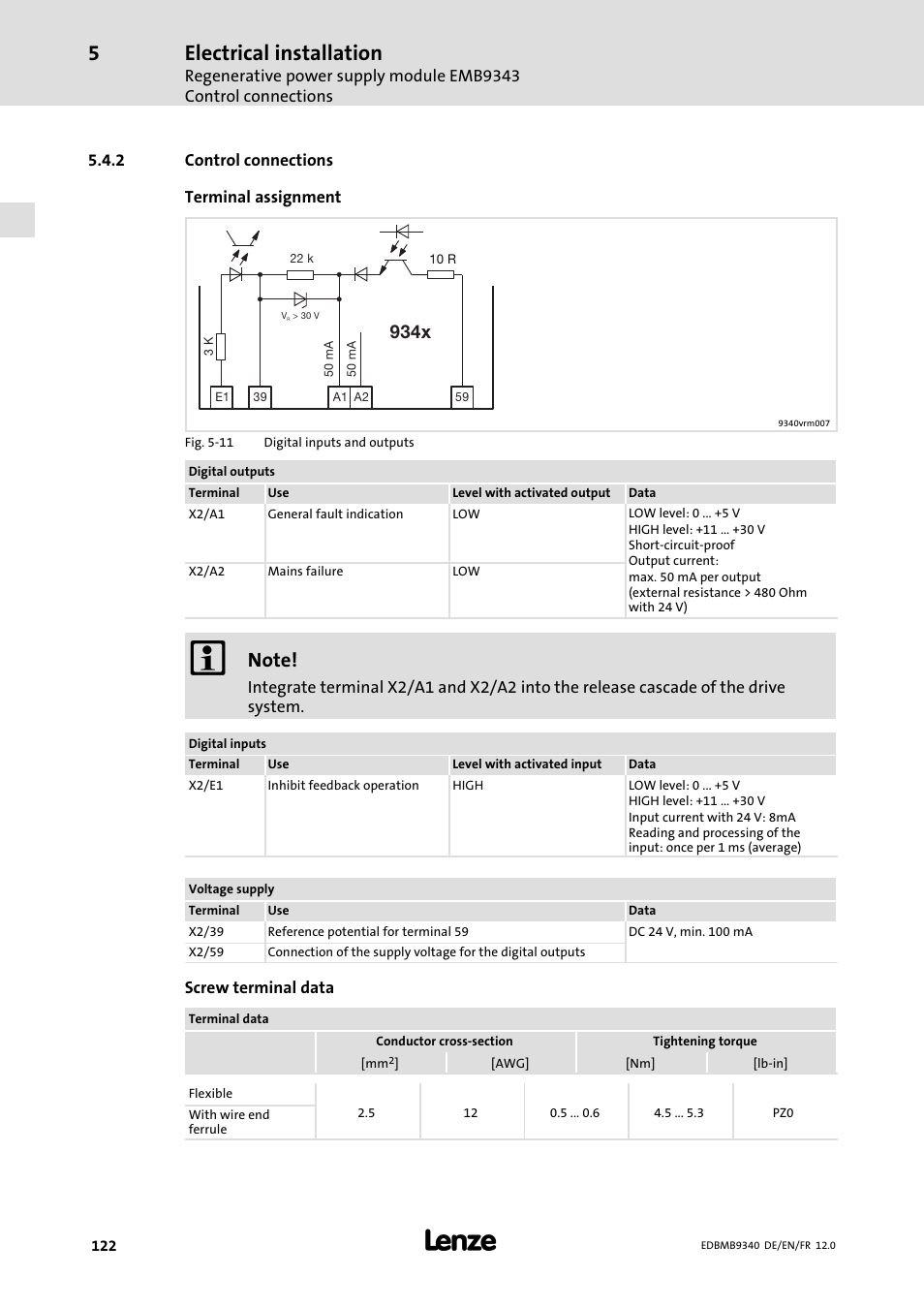 Control connections, Electrical installation, 934x | Lenze EMB934x User Manual | Page 122 / 206