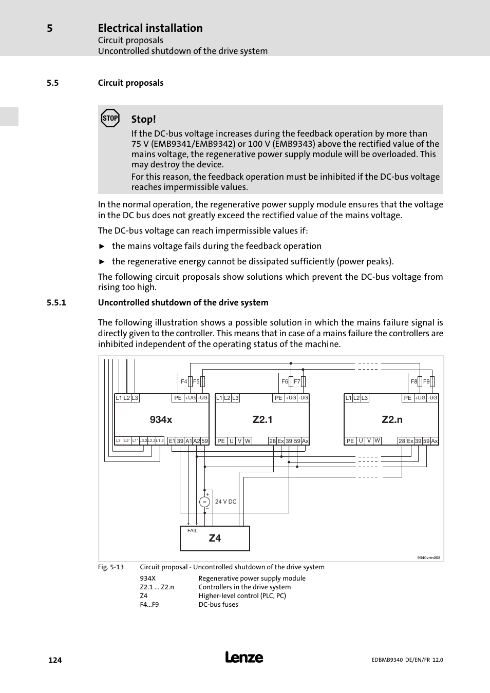 Circuit proposals, Uncontrolled shutdown of the drive system, Electrical installation | Stop, 5 circuit proposals | Lenze EMB934x User Manual | Page 124 / 206