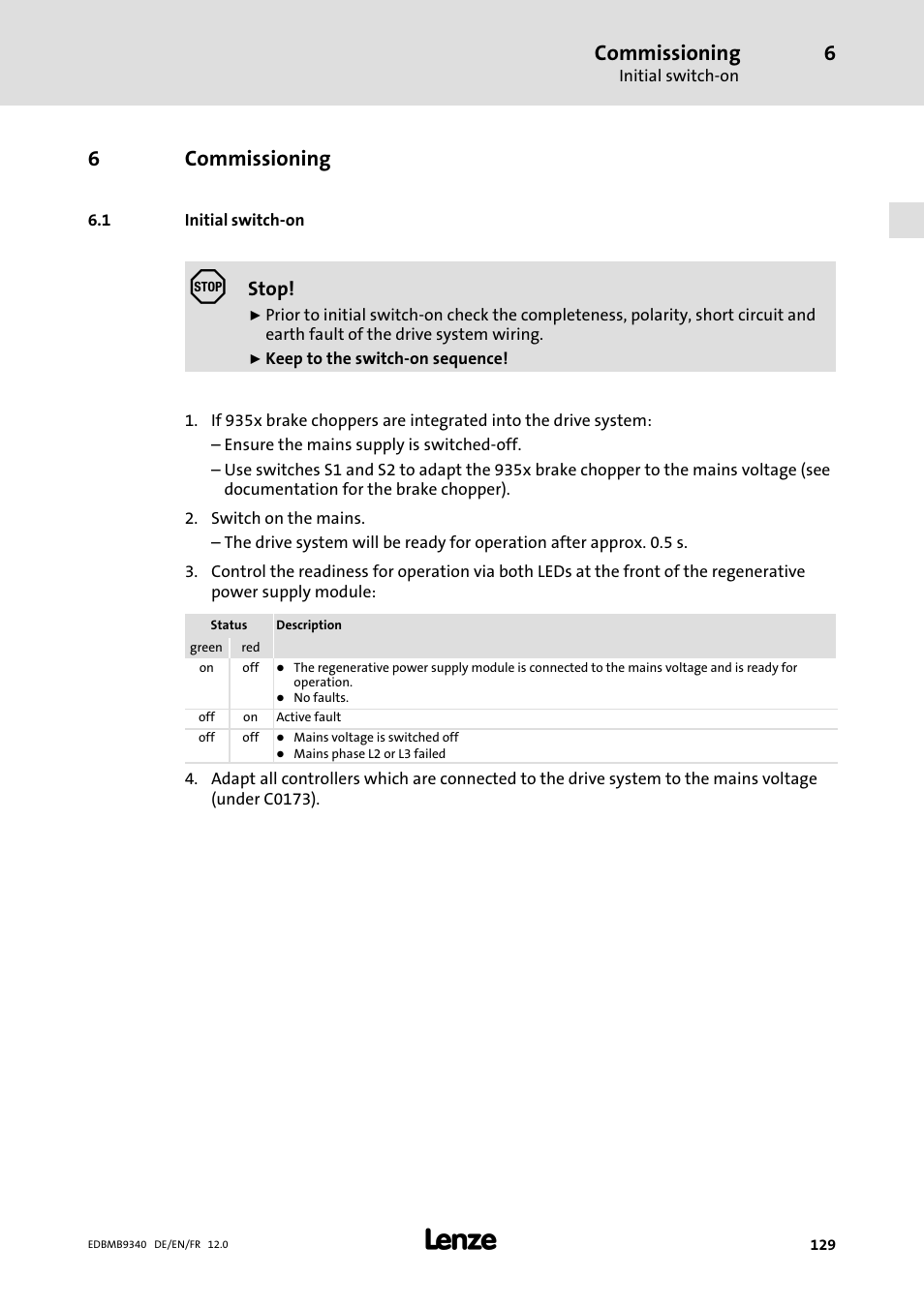 Commissioning, Initial switch-on, Initial switch−on | 6commissioning, Stop | Lenze EMB934x User Manual | Page 129 / 206