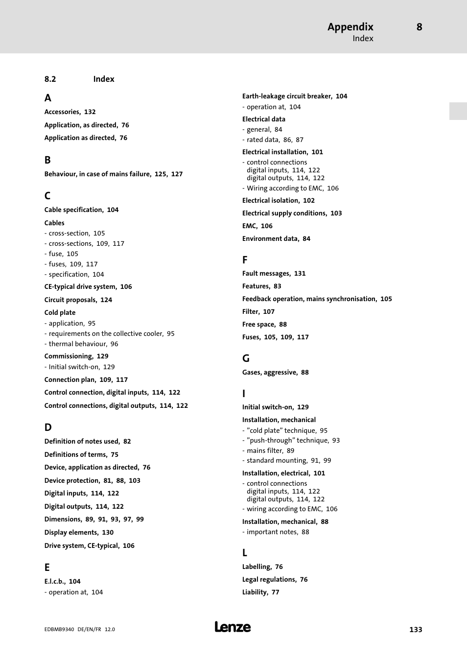 Index, Appendix | Lenze EMB934x User Manual | Page 133 / 206