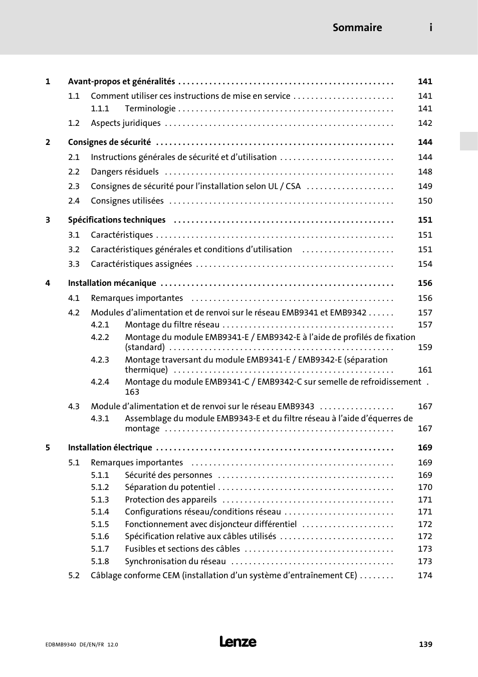 Sommaire, Sommaire i | Lenze EMB934x User Manual | Page 139 / 206