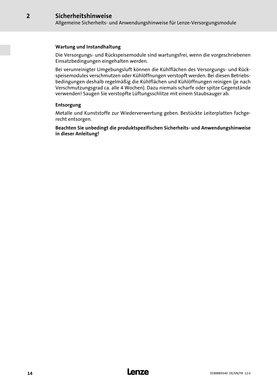 Sicherheitshinweise | Lenze EMB934x User Manual | Page 14 / 206