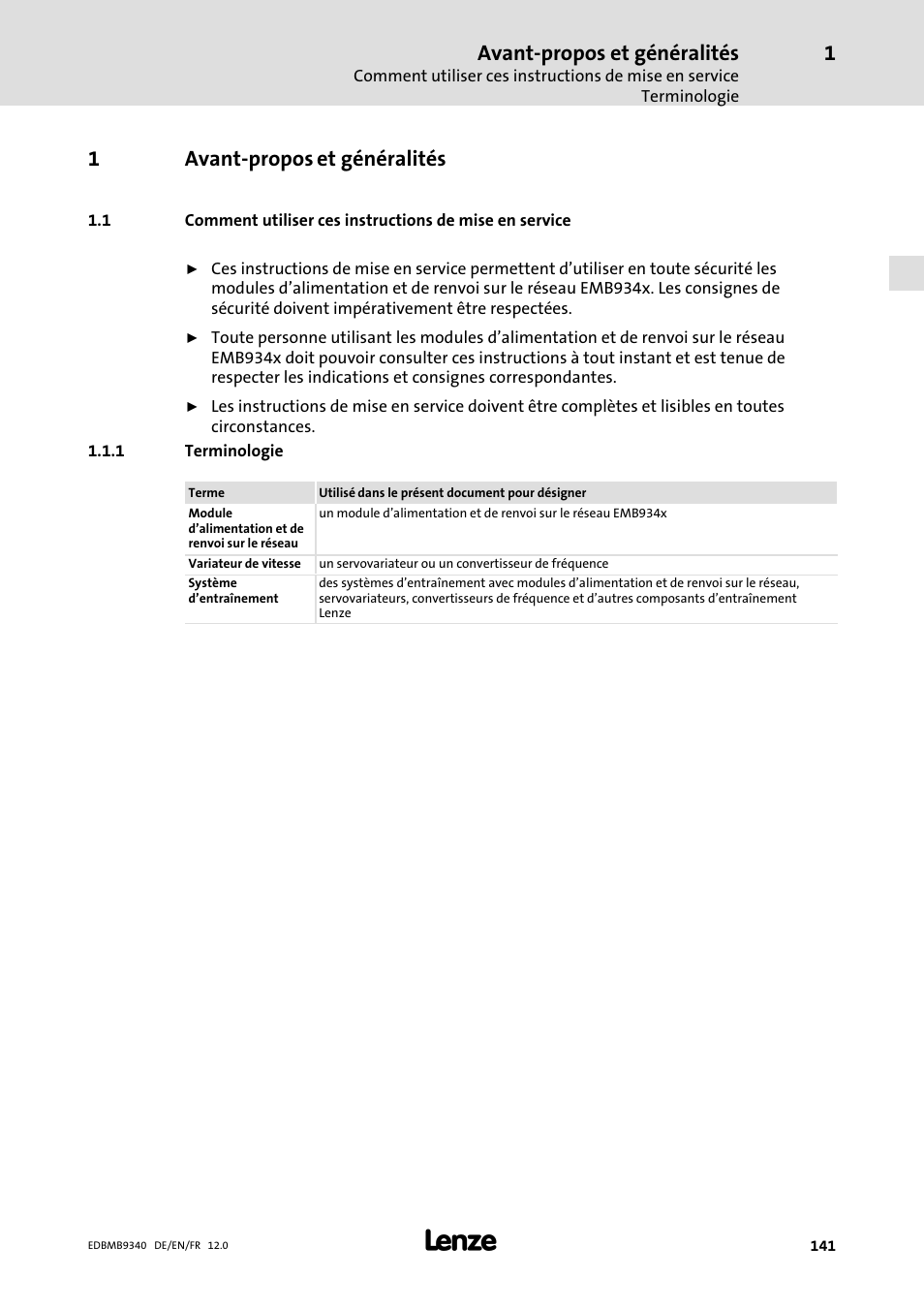 Avant-propos et généralités, Terminologie, Avant−propos et généralités | 1avant−propos et généralités | Lenze EMB934x User Manual | Page 141 / 206