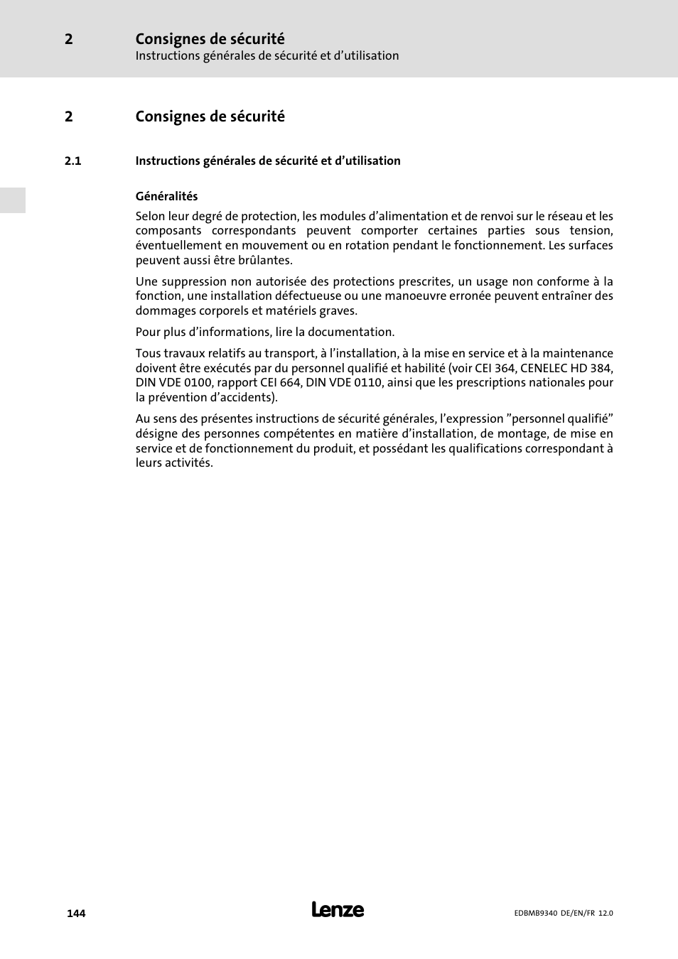 Consignes de sécurité | Lenze EMB934x User Manual | Page 144 / 206