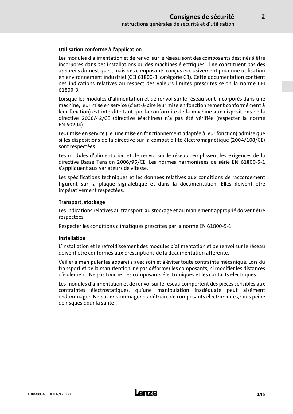 Consignes de sécurité | Lenze EMB934x User Manual | Page 145 / 206