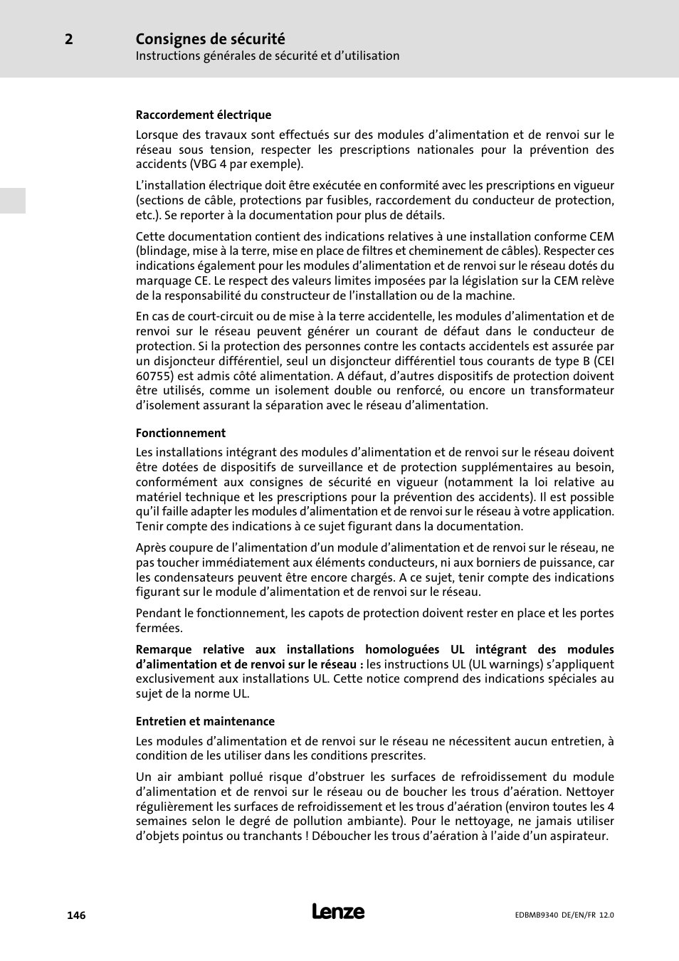 Consignes de sécurité | Lenze EMB934x User Manual | Page 146 / 206