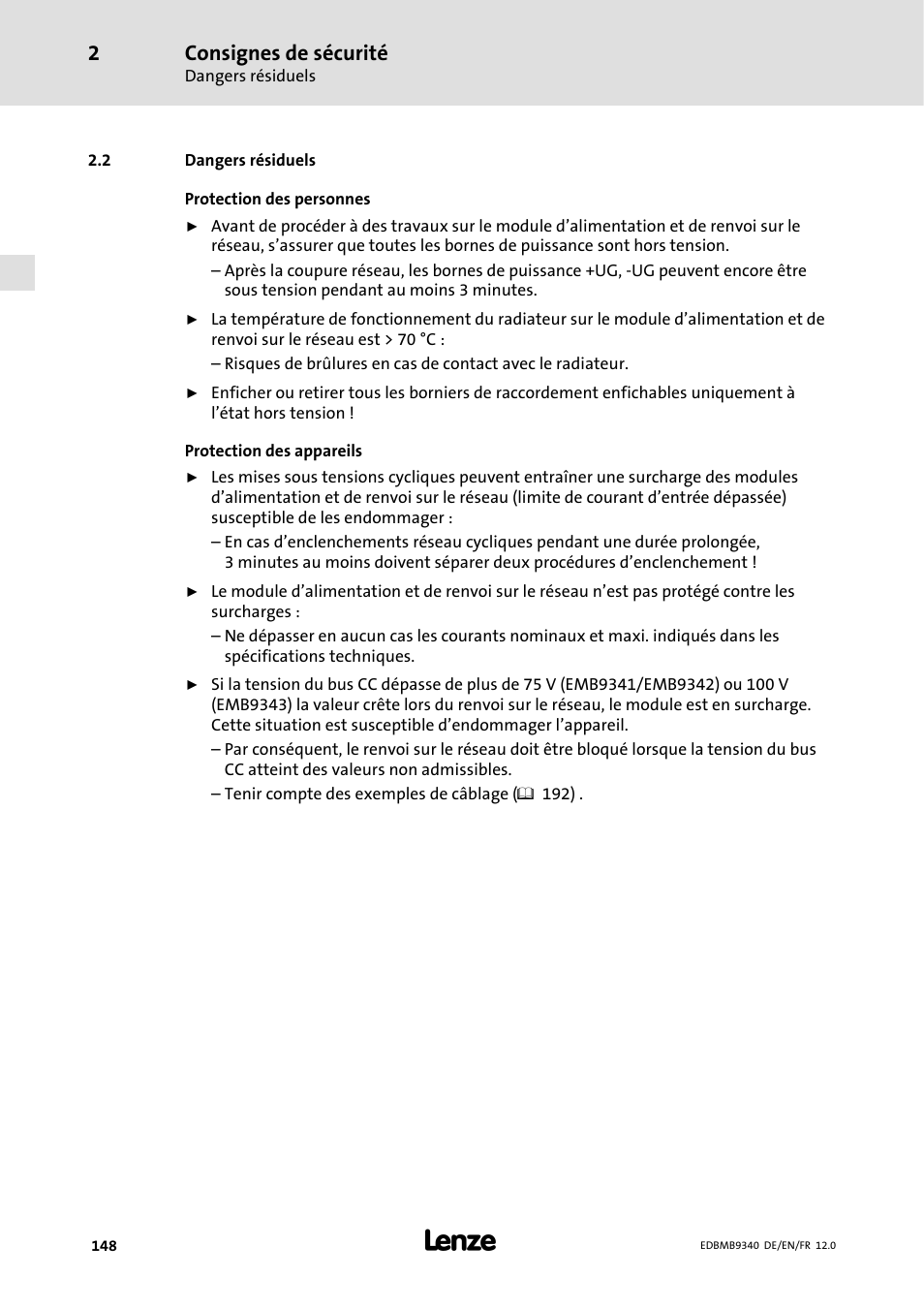 Dangers résiduels, 2 dangers résiduels, Consignes de sécurité | Lenze EMB934x User Manual | Page 148 / 206