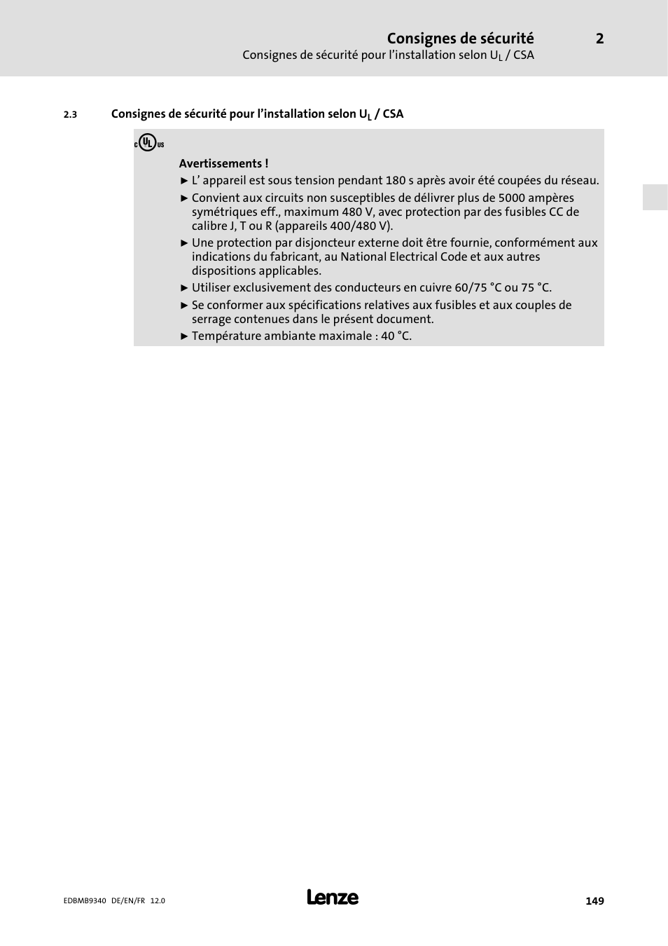 Consignes de sécurité | Lenze EMB934x User Manual | Page 149 / 206