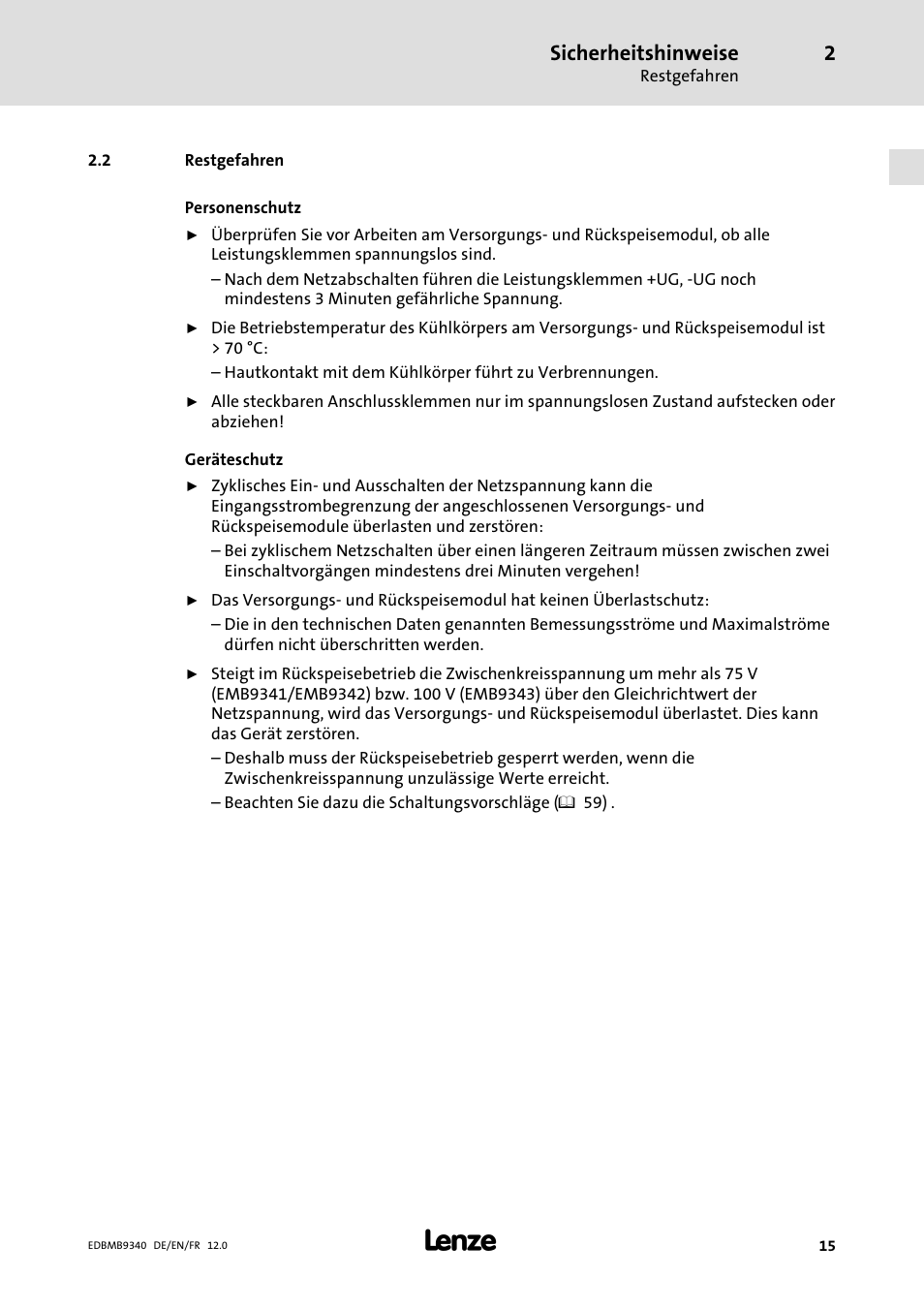 Restgefahren, Sicherheitshinweise | Lenze EMB934x User Manual | Page 15 / 206