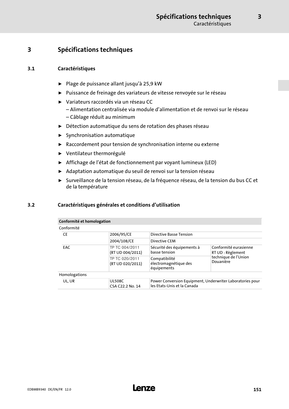 Spécifications techniques, Caractéristiques, 1 caractéristiques | 3spécifications techniques | Lenze EMB934x User Manual | Page 151 / 206