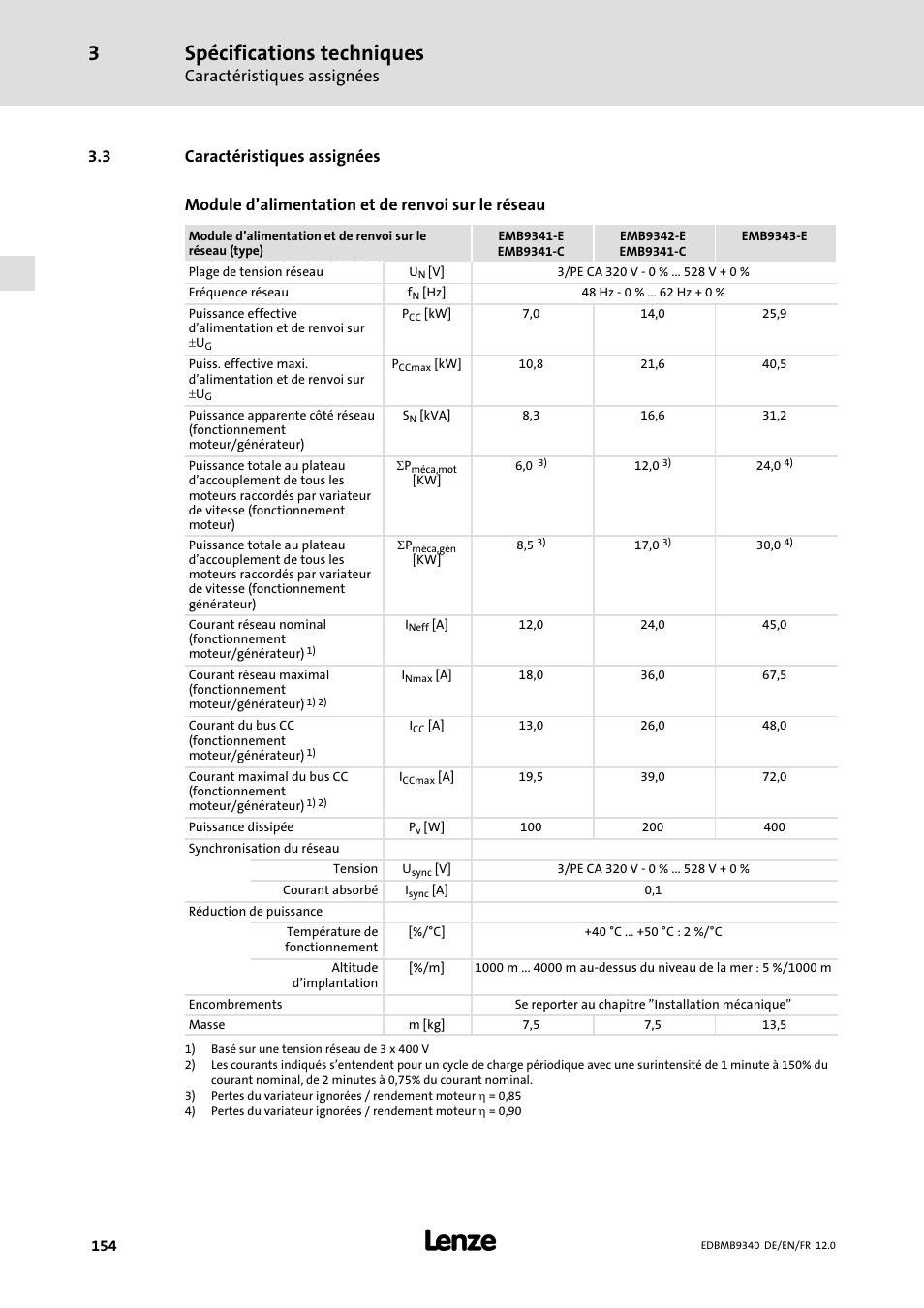 Caractéristiques assignées, 3 caractéristiques assignées, Spécifications techniques | Lenze EMB934x User Manual | Page 154 / 206