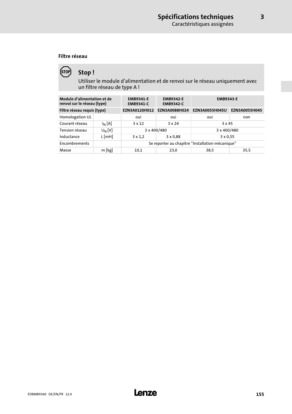 Spécifications techniques, Stop | Lenze EMB934x User Manual | Page 155 / 206