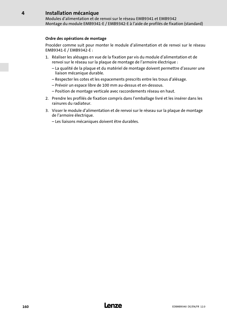 Installation mécanique | Lenze EMB934x User Manual | Page 160 / 206