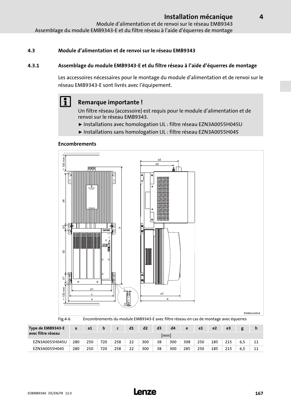 Montage, Installation mécanique, Remarque importante | Lenze EMB934x User Manual | Page 167 / 206