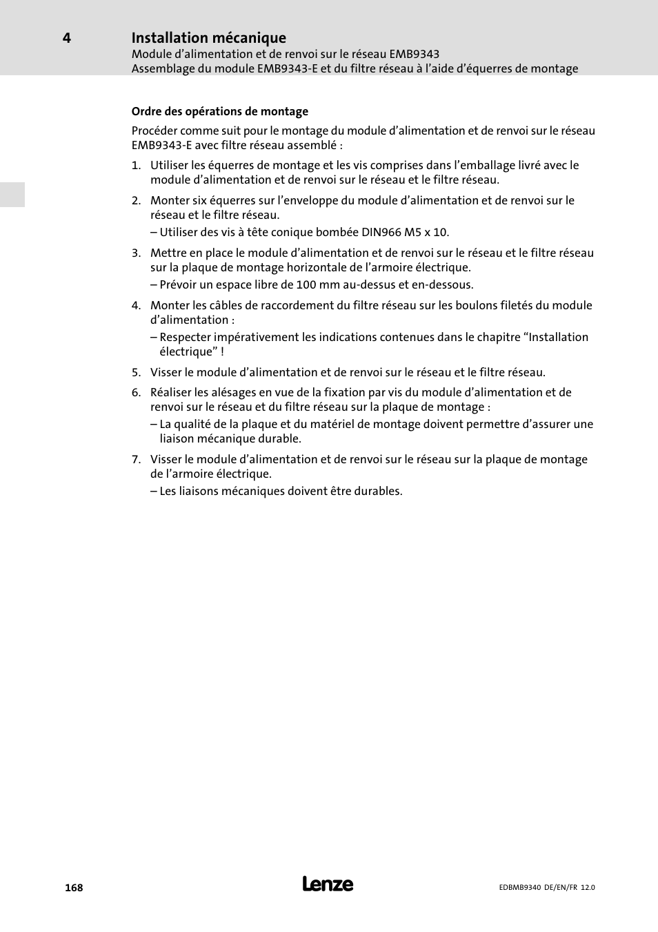 Installation mécanique | Lenze EMB934x User Manual | Page 168 / 206