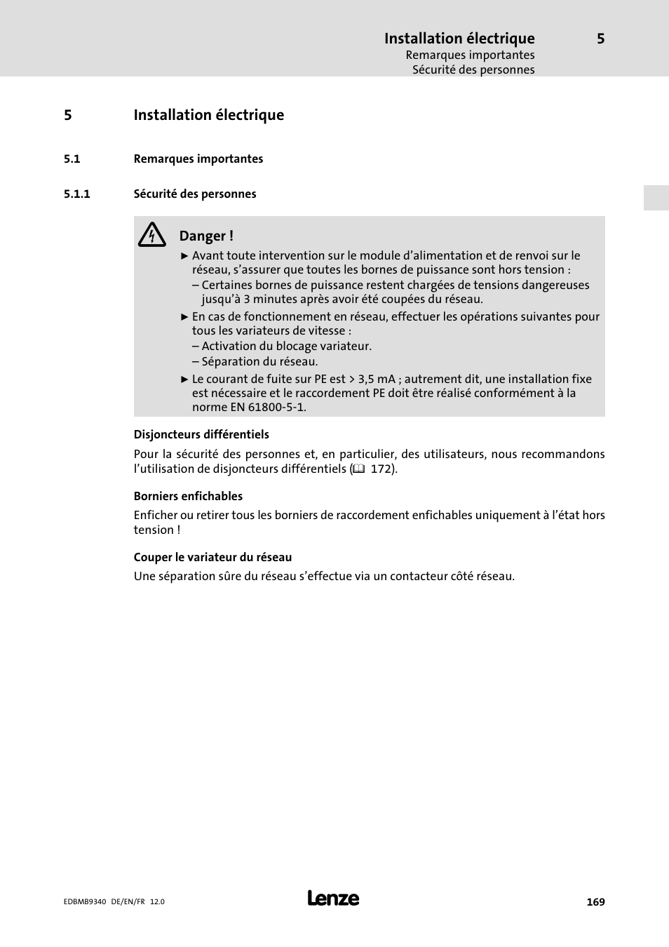 Installation électrique, Remarques importantes, Sécurité des personnes | 1 remarques importantes, 5installation électrique | Lenze EMB934x User Manual | Page 169 / 206