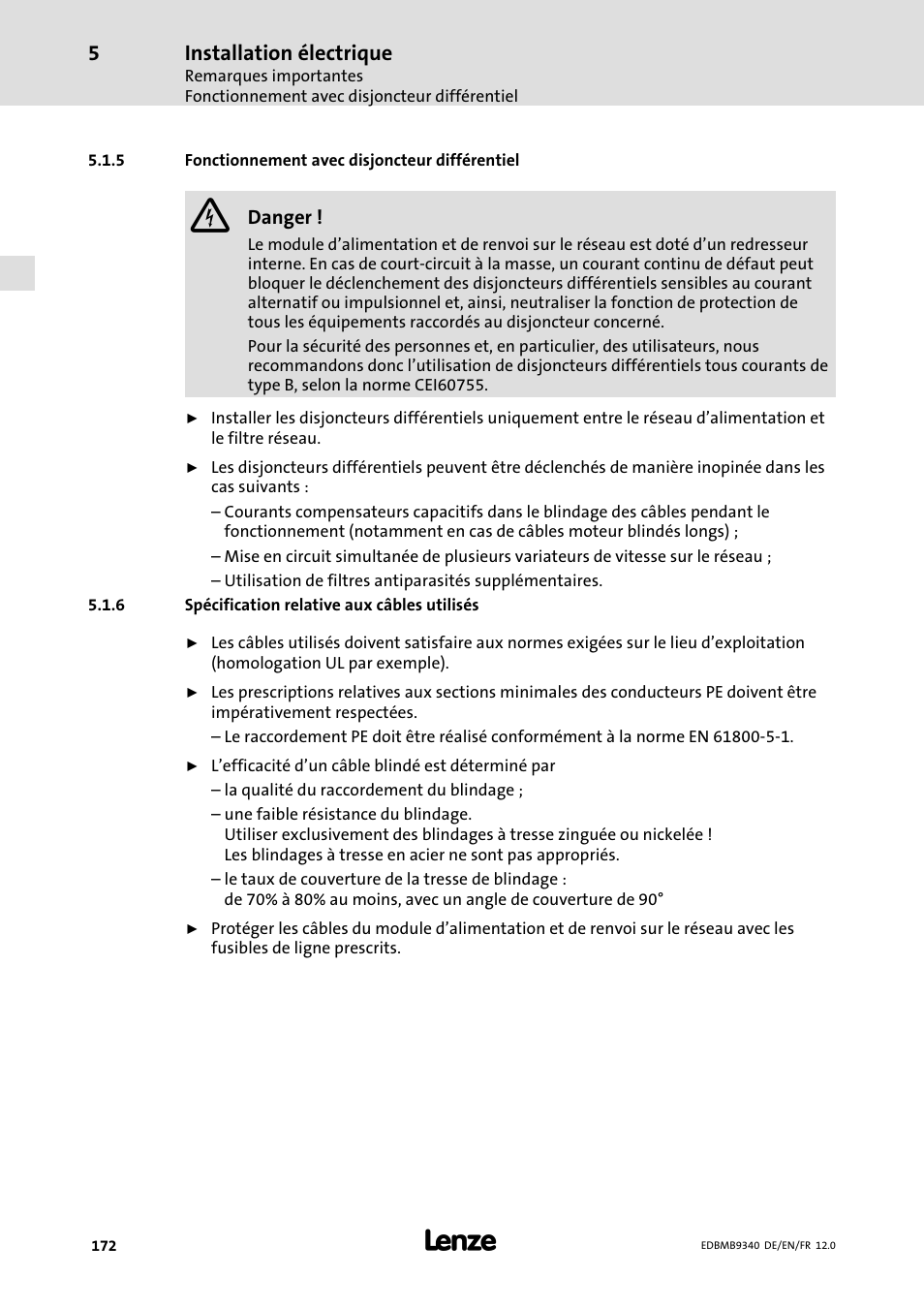 Fonctionnement avec disjoncteur différentiel, Spécification relative aux câbles utilisés, Installation électrique | Lenze EMB934x User Manual | Page 172 / 206