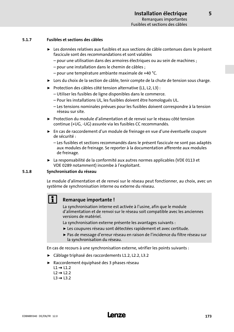 Fusibles et sections des câbles, Synchronisation du réseau, Installation électrique | Lenze EMB934x User Manual | Page 173 / 206