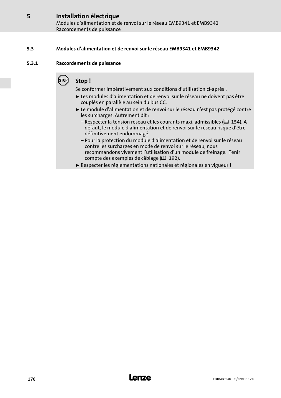 Raccordements de puissance, Installation électrique | Lenze EMB934x User Manual | Page 176 / 206