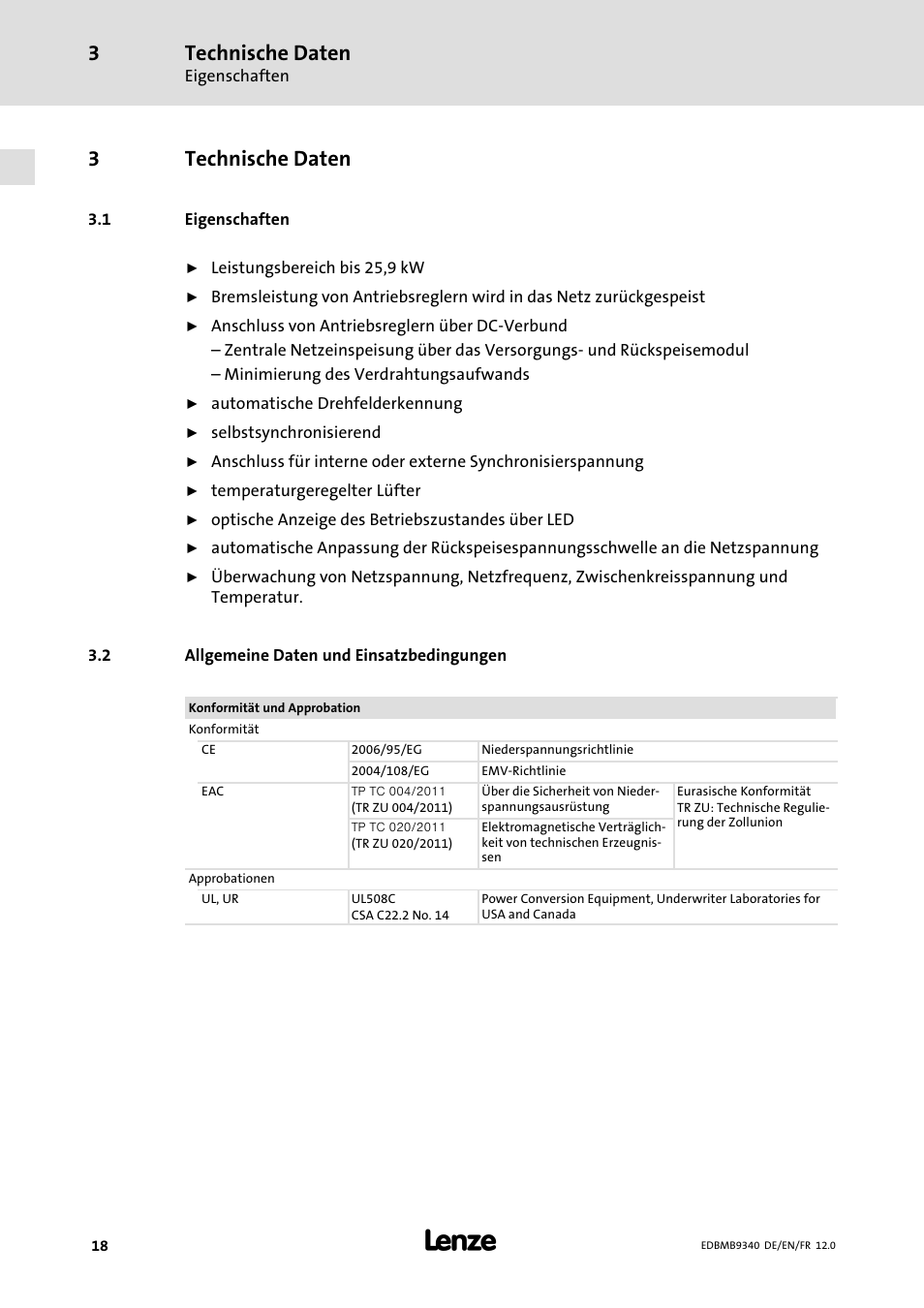 Technische daten, Eigenschaften, Allgemeine daten und einsatzbedingungen | 3technische daten | Lenze EMB934x User Manual | Page 18 / 206