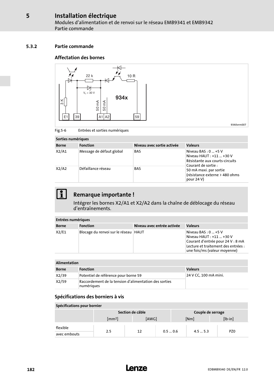 Partie commande, Installation électrique, Remarque importante | 934x | Lenze EMB934x User Manual | Page 182 / 206